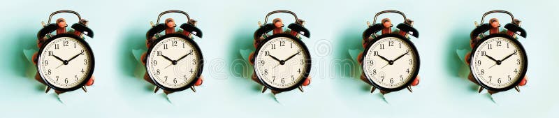 Seamless pattern of hands holding black alarm clock through hole in blue paper background. Wake up alert concept. Morning routine