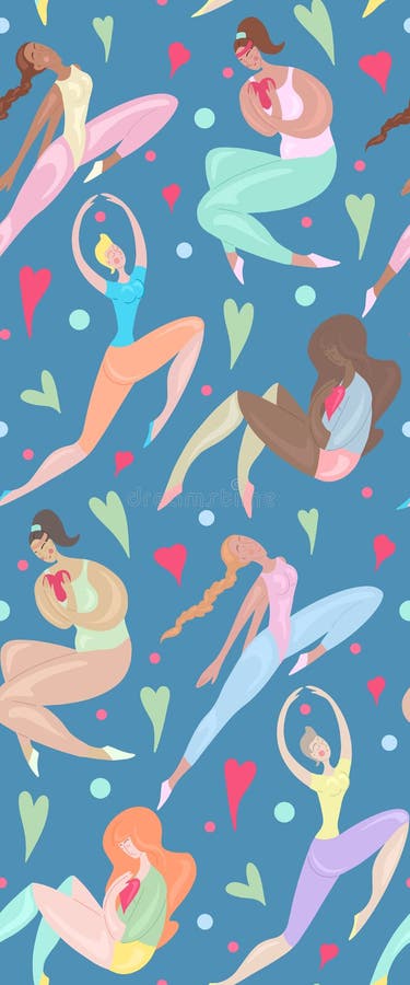 Seamless pattern of happy various sports girl jumping and exercises on blue background. Body positivity, confidence stock illustration