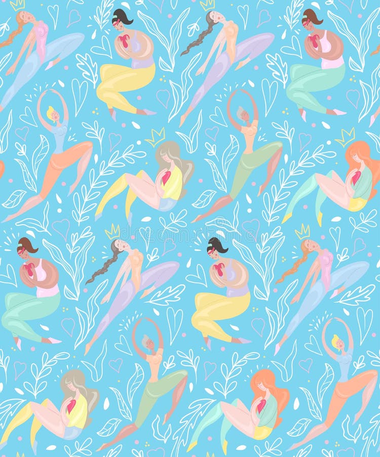Seamless pattern of happy various sports girl jumping, exercises on plants and hearts blue background. Body positivity royalty free illustration