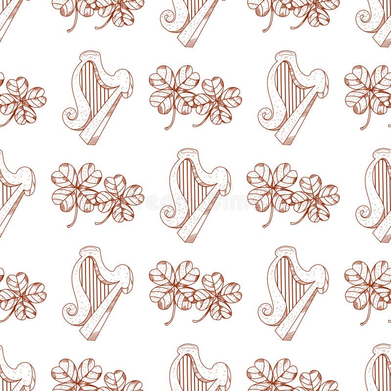 Seamless pattern with harp and clover. stock illustration