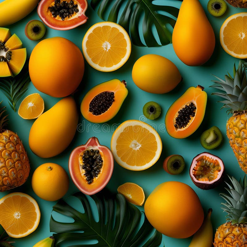 Seamless pattern of hyper-realistic tropical and exotic fruits vector illustration