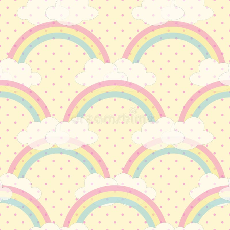 Seamless pattern illustration rainbow on yellow background with polka dots