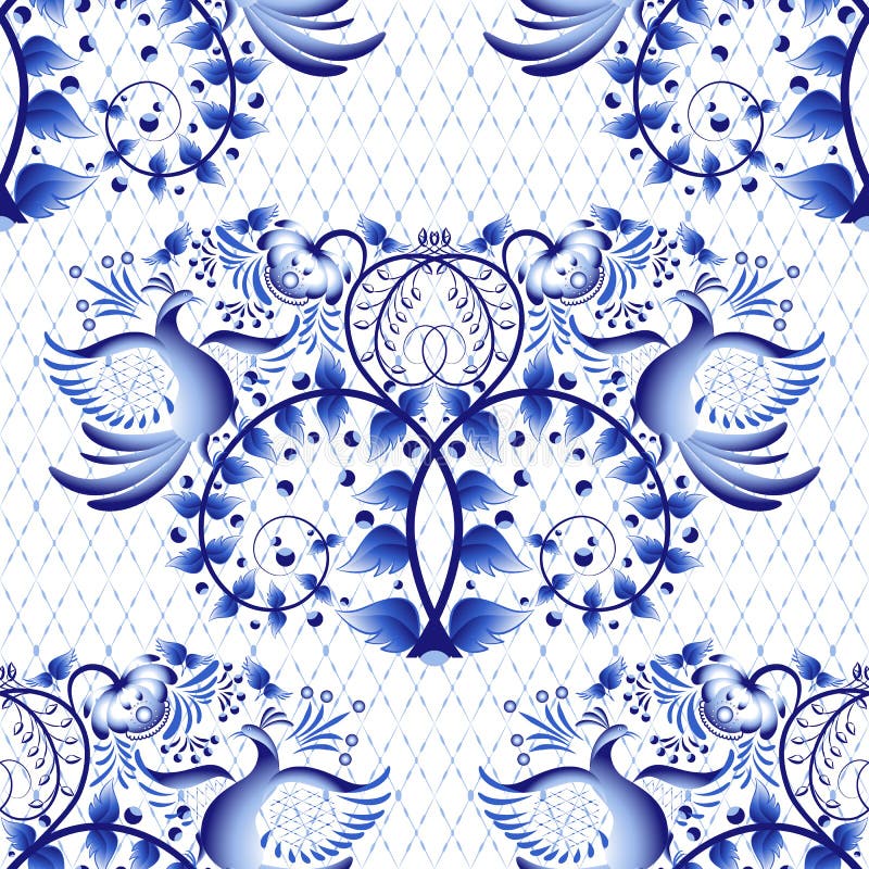 Seamless pattern imitation of painting on porcelain in the Russian style Gzhel or Chinese painting. Light background with birds.