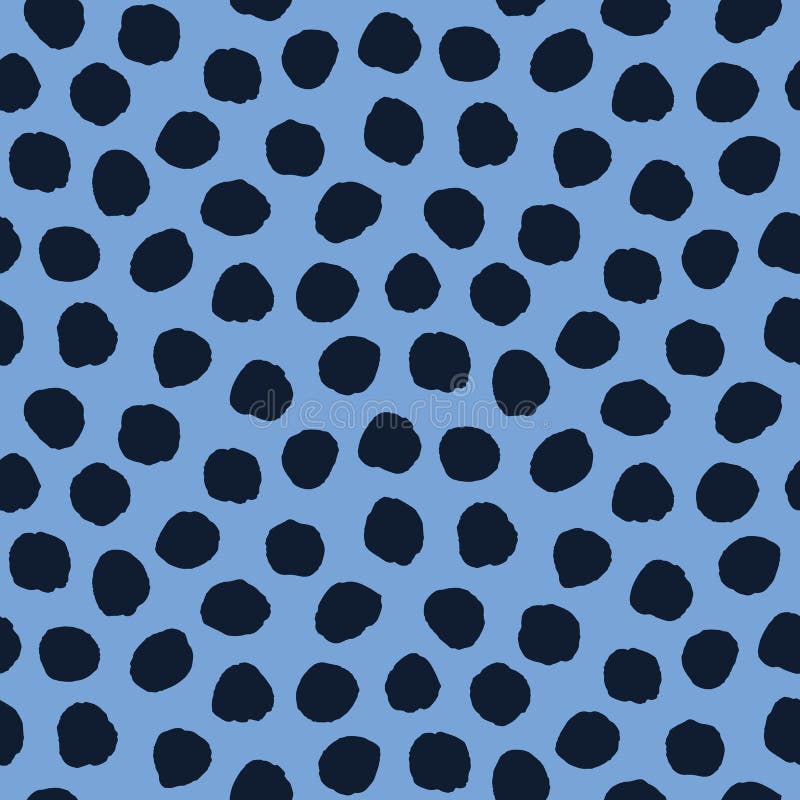 Seamless pattern. Indigo blue hand drawn imperfect polka dot spot shape background. Monochrome textured dotty ink circle all over