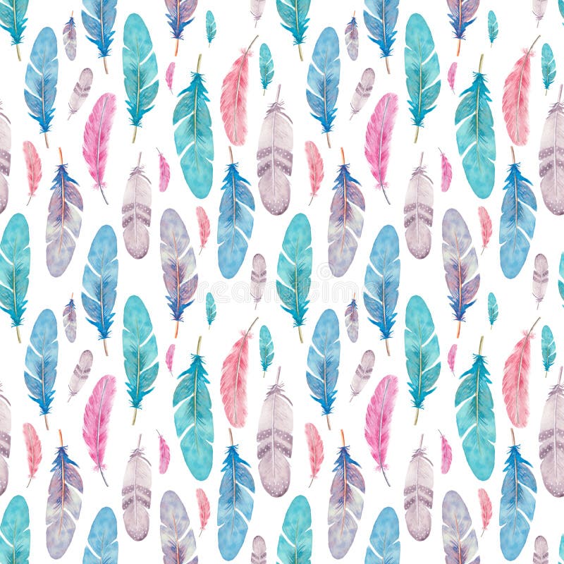 Seamless Pattern with Isolated Watercolor Feathers. Hand Painted ...