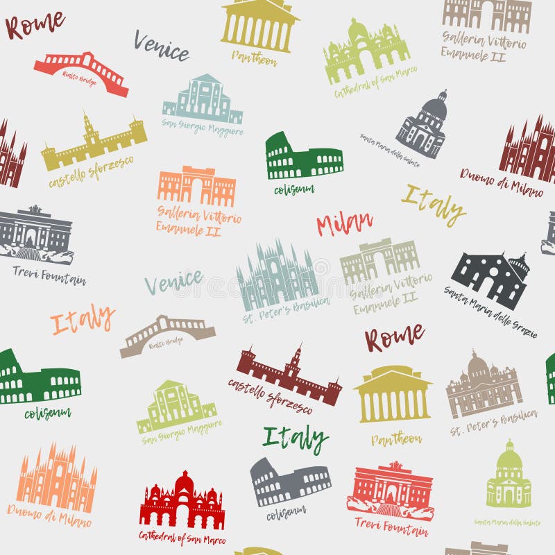 Seamless pattern of Italy. Building, landmarks of sities. Silhouette travel icons