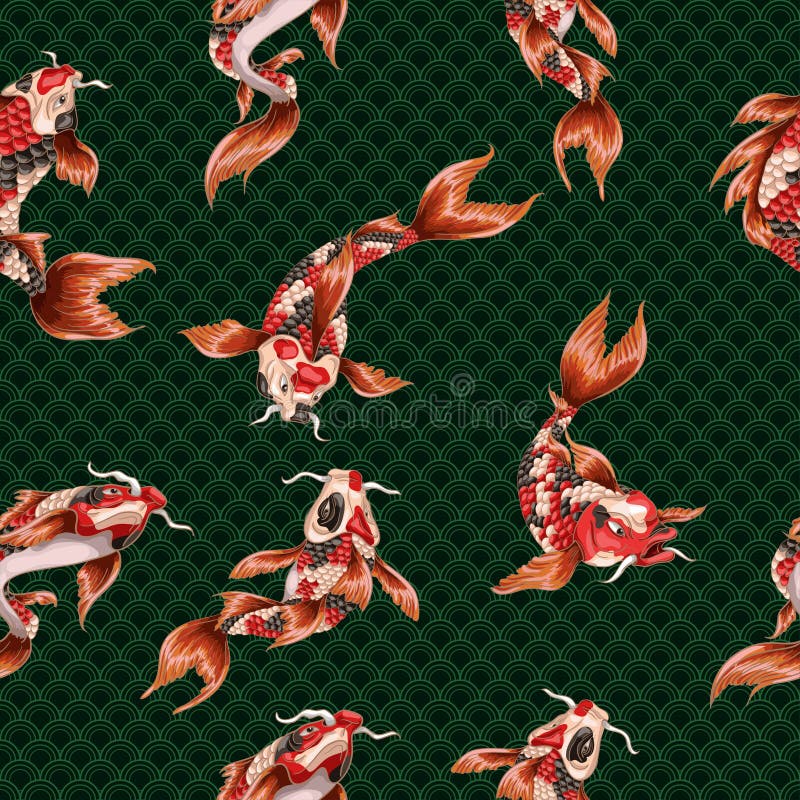 Seamless Pattern With Japanese Carp Koi And Wave On Geometrycal Background Stock Vector