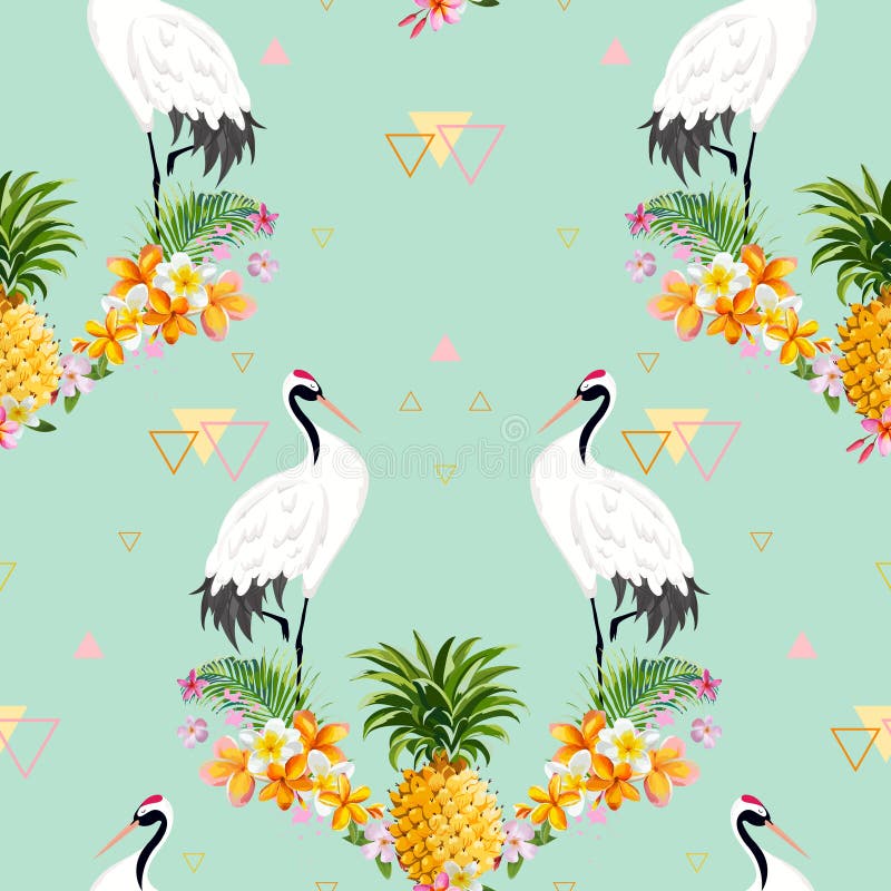 Seamless Pattern with Japanese Cranes, Pineapple and Tropical Flowers, Retro Bird Background, Floral Fashion Print