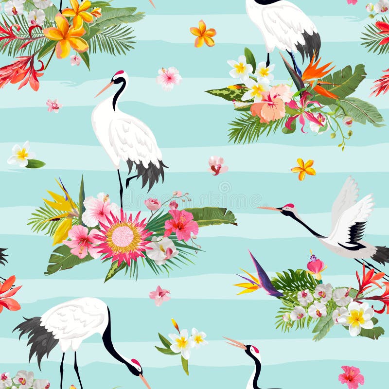 Seamless Pattern with Japanese Cranes, Retro Bird Background, Fashion Print, Birthday Japanese Decoration