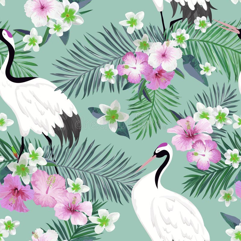 Seamless Pattern with Japanese Cranes and Tropical Flowers, Retro Bird Background, Floral Fashion Print, Birthday Japanese
