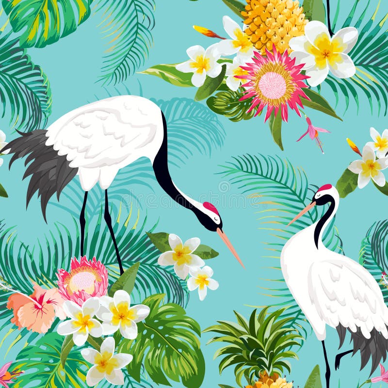 Seamless Pattern with Japanese Cranes and Tropical Flowers, Retro Floral Background, Fashion Print, Birthday Japanese