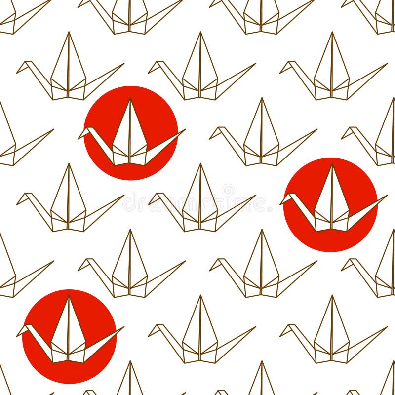 Seamless pattern with Japanese origami cranes and red circles on white background