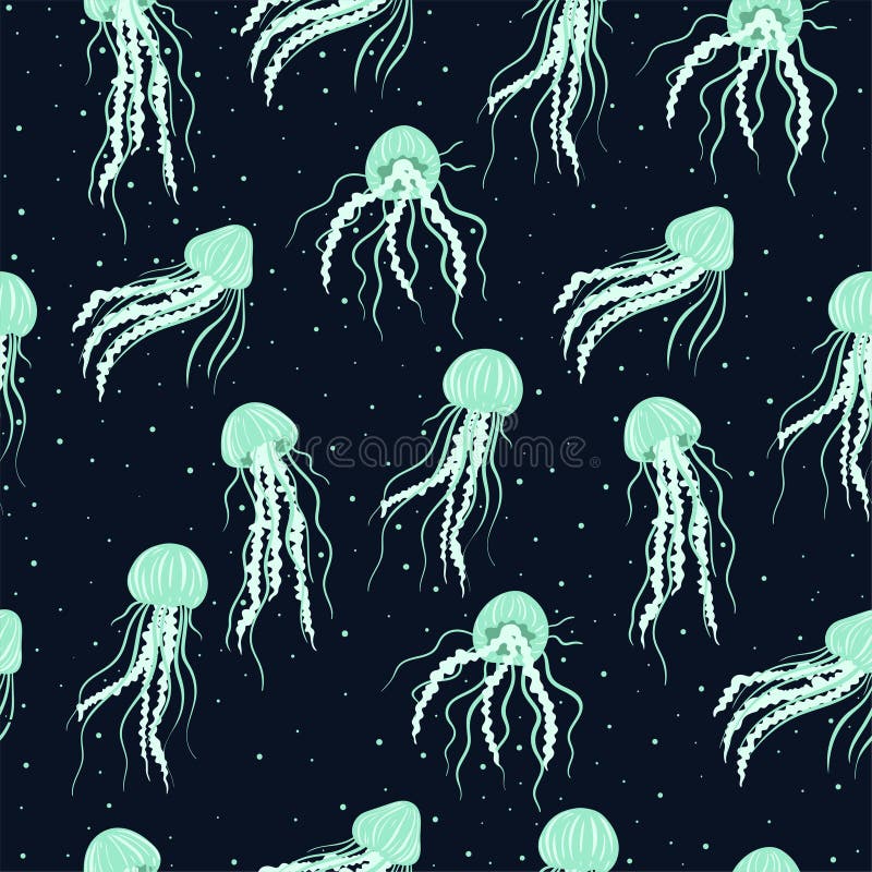 Seamless Pattern with Jellyfish on a Dark Background. Vector Graphics Stock Illustration