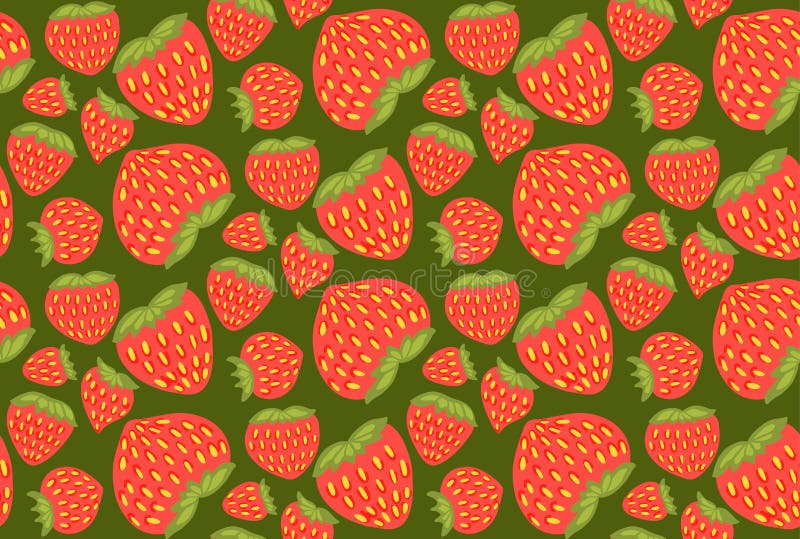 Seamless pattern with juicy strawberry berries on green background. Summer flat texture with hand drawn cartoon food royalty free illustration