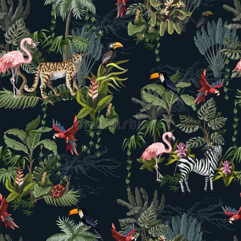 Seamless Pattern with Jungle Animals, Flowers and Trees. Vector. Stock Vector - Illustration of element, hawaii: 165456515 Seamless Pattern with Jungle Animals, Flowers and Trees. Vector. Stock Vector - Illustration of element, hawaii: 165456515