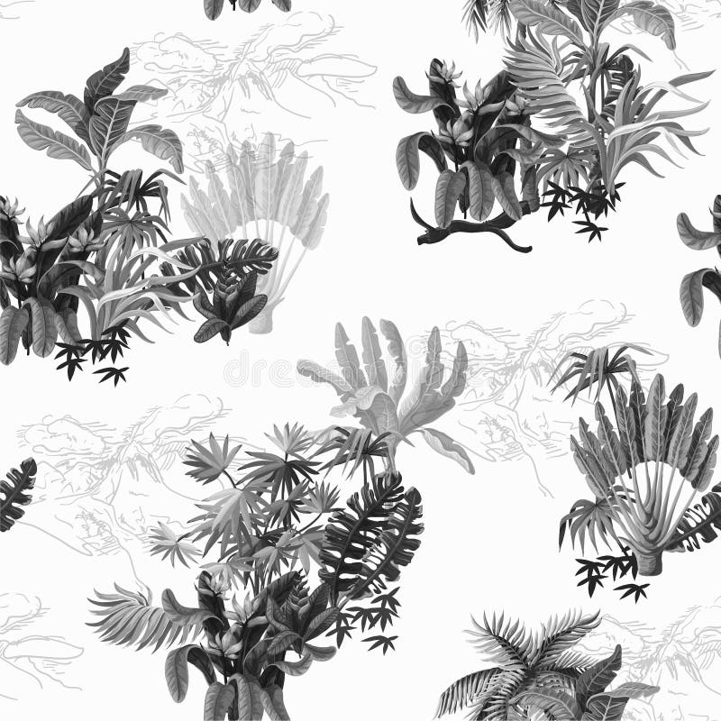 Seamless pattern with jungle trees in monochrome style. vector illustration