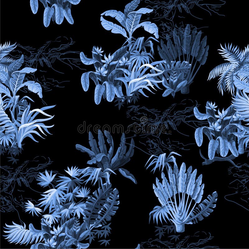 Seamless pattern with jungle trees in monochrome style. stock illustration