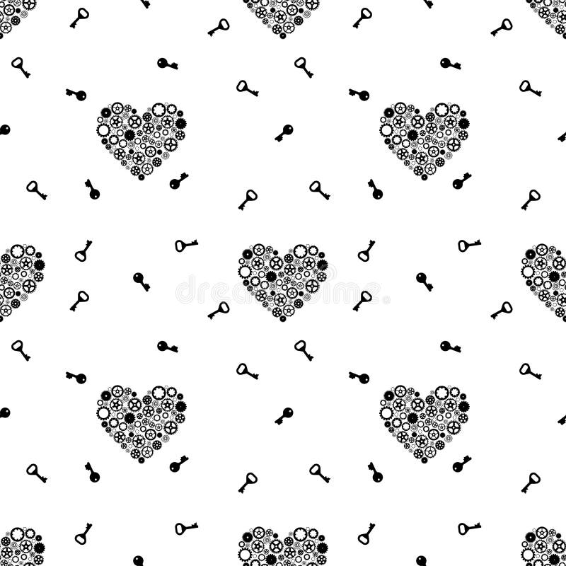 Seamless pattern with keys and heart consisting of gears. Black on a white background. Vector royalty free illustration