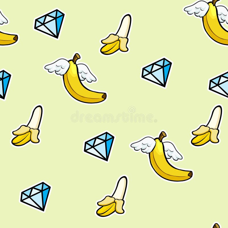 Seamless pattern with kline icons of flying bananas and diamonds - doodle abstract background royalty free illustration Seamless pattern with kline icons of flying bananas and diamonds - doodle abstract background royalty free illustration