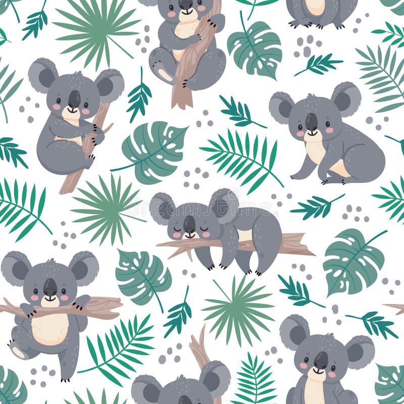 Seamless pattern with koalas. Cute australian bears and tropical leaves. Cartoon baby koala design. Vector nature
