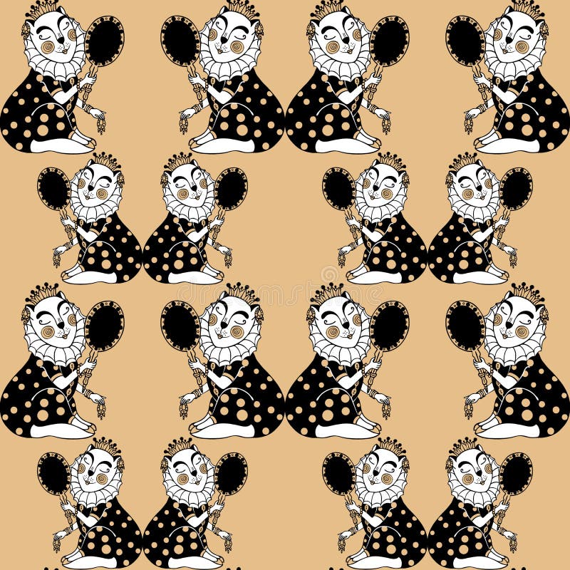 Seamless pattern with lady cat princess looks in the mirror. Vector. vector illustration Seamless pattern with lady cat princess looks in the mirror. Vector. vector illustration
