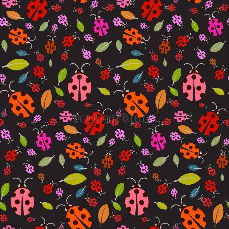 Seamless Pattern with Ladybirds and Leaves