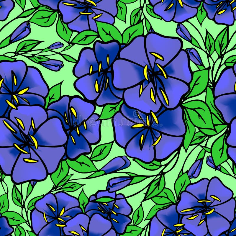 Seamless Pattern of Large Blue Flowers on a Green Background, Texture