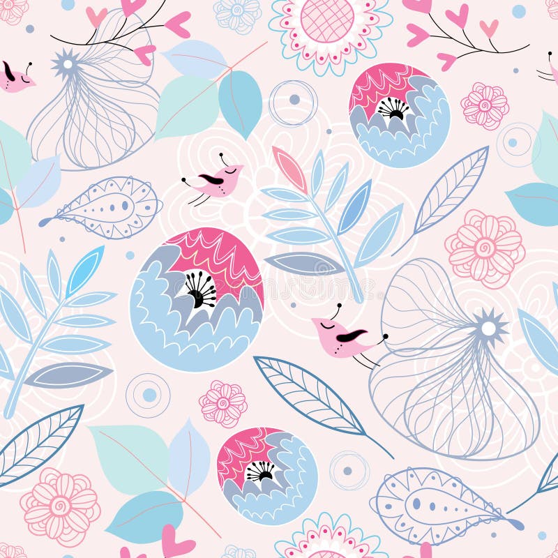 Seamless pattern of leaves and flowers