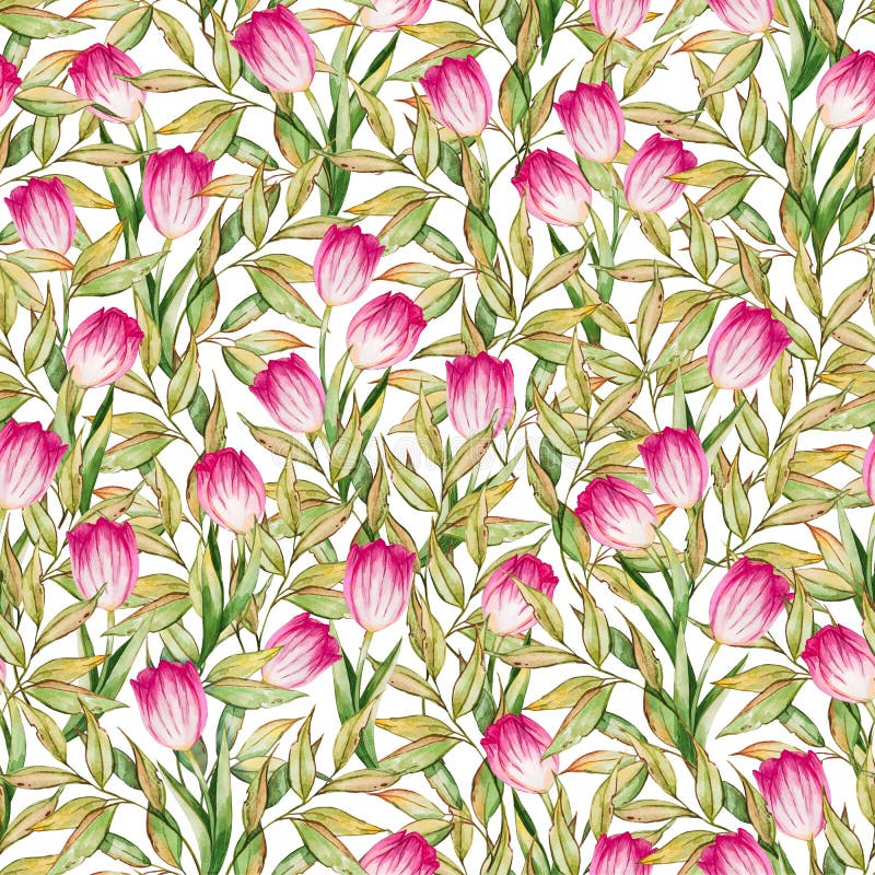 Seamless Pattern with Leaves and Pink Tulips Flouwers on Wihte ...