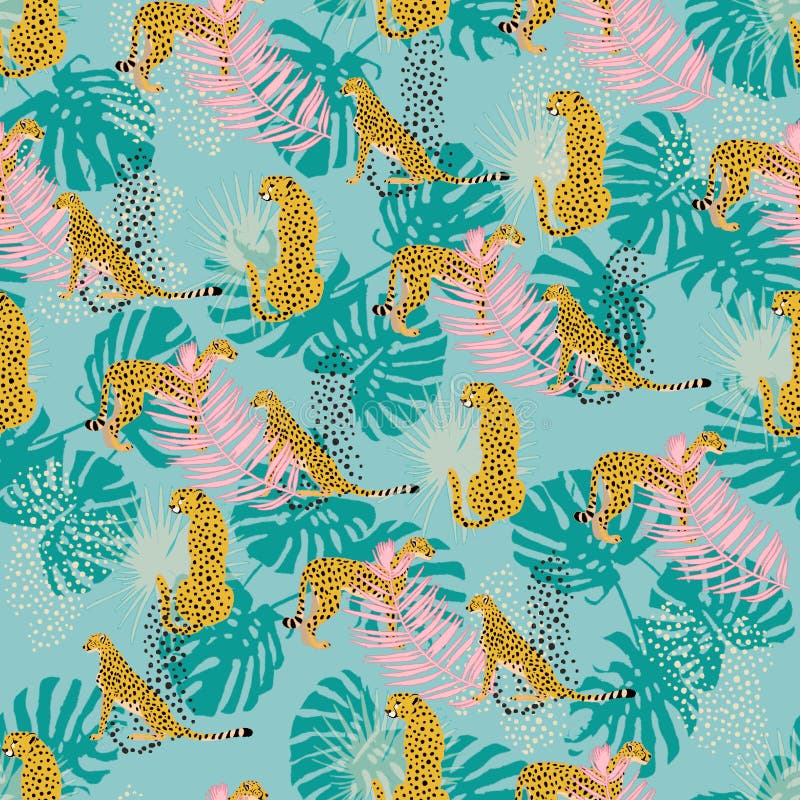 seamless pattern with leopards and tropical leaves