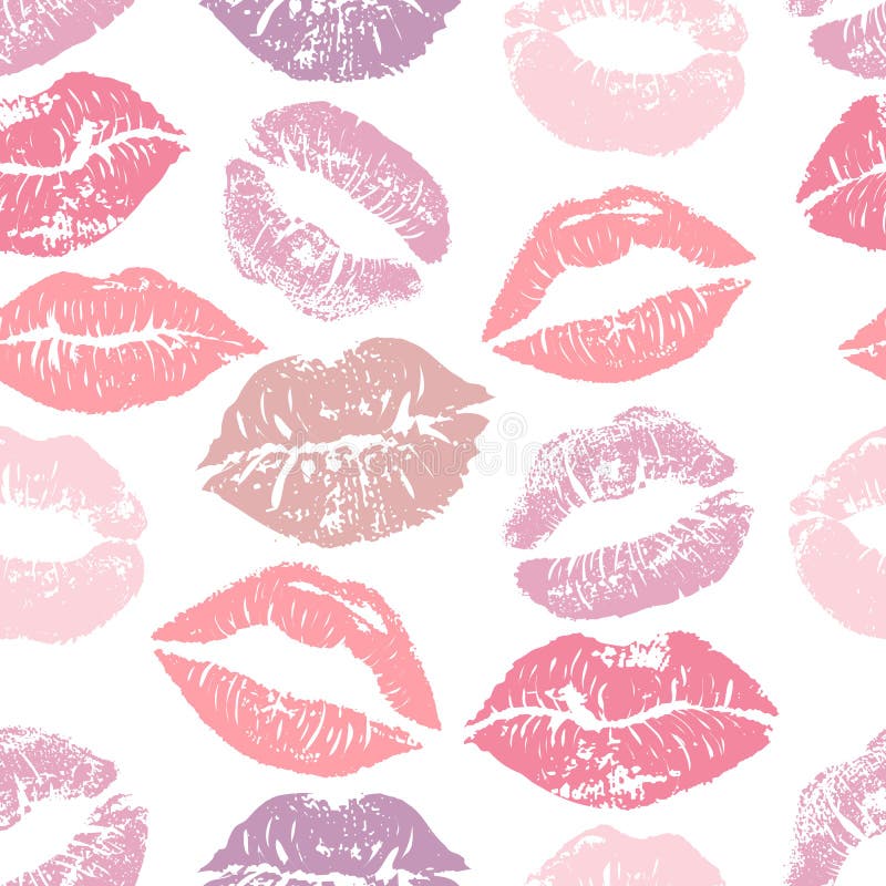 Seamless pattern with lipstick kisses. Colorful lips of gentle purple and pink shades isolated on a white background.