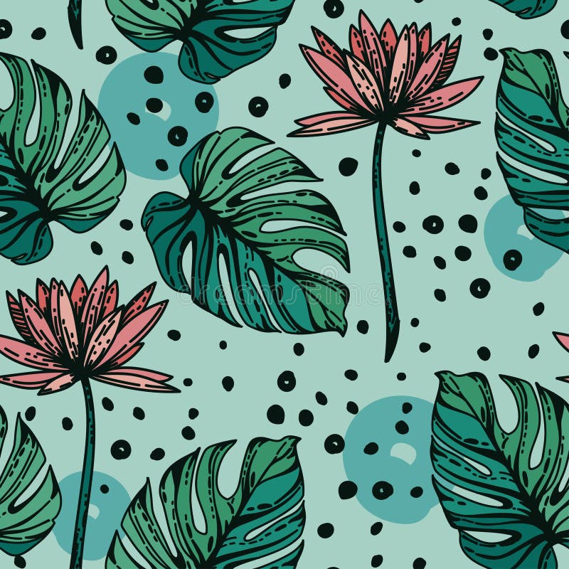 Seamless pattern with lotus flowers, monstera leves and hand drawn dots