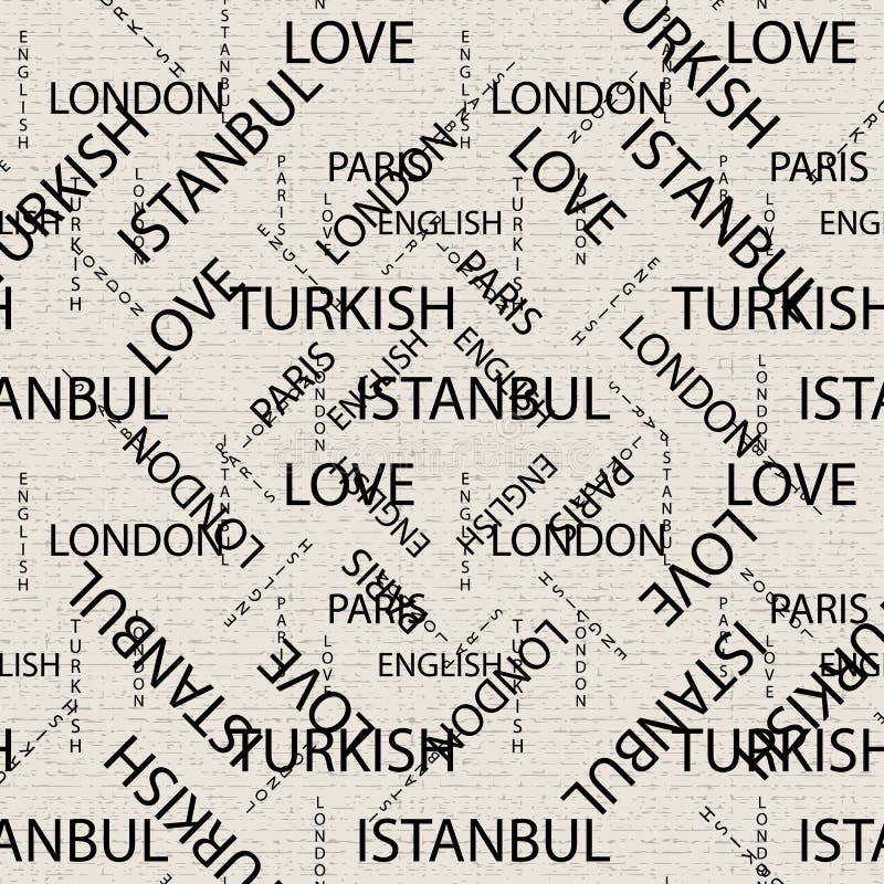 Seamless pattern made of handwritten text. English London Paris Turkish words and lettern written by hand in black and white vector illustration Seamless pattern made of handwritten text. English London Paris Turkish words and lettern written by hand in black and white vector illustration