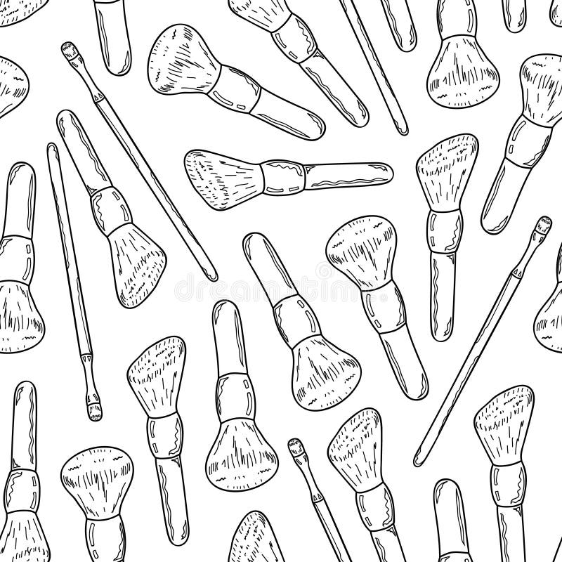 Seamless Pattern Of Makeup Brush Outline. White Background. Hand