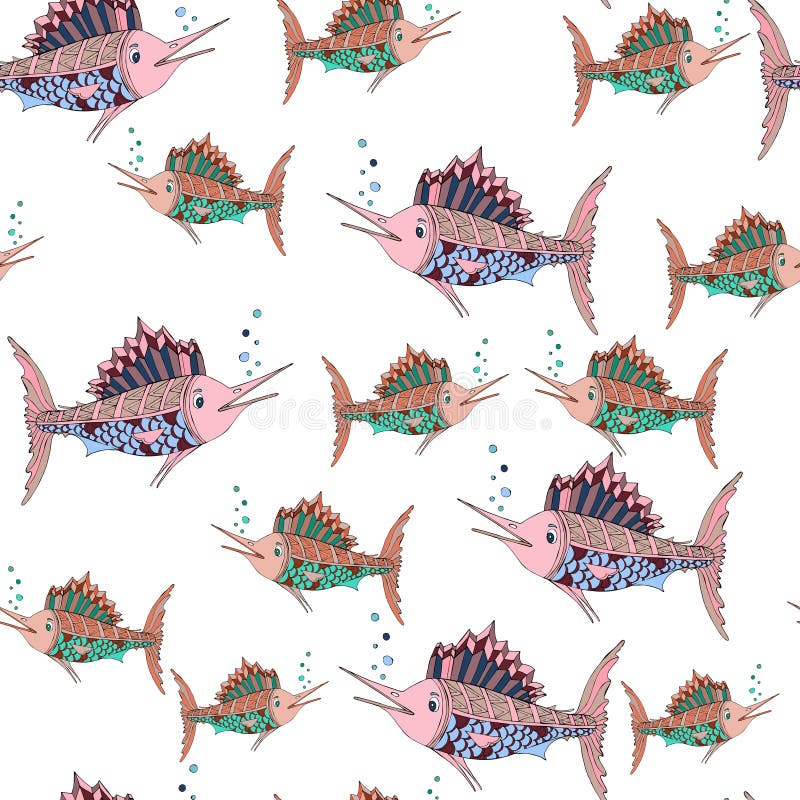 Seamless pattern. Marlin fish. Vector illustration of sea animals royalty free illustration