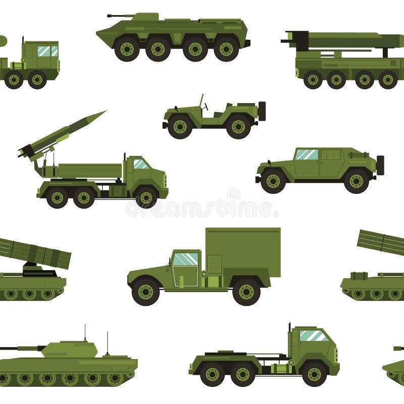 Seamless pattern with military transport on white background - tank, artillery tractor, rocket launching system vector illustration Seamless pattern with military transport on white background - tank, artillery tractor, rocket launching system vector illustration