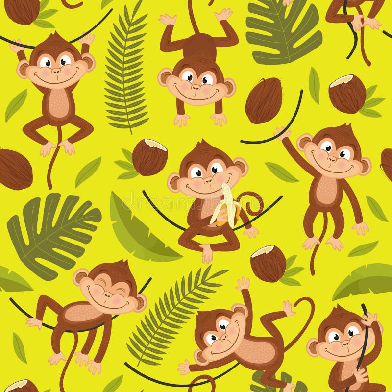 Seamless pattern with monkey on yellow background vector illustration