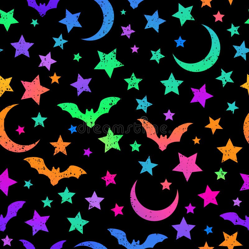 Seamless pattern of multicolored bats, moon and stars royalty free illustration