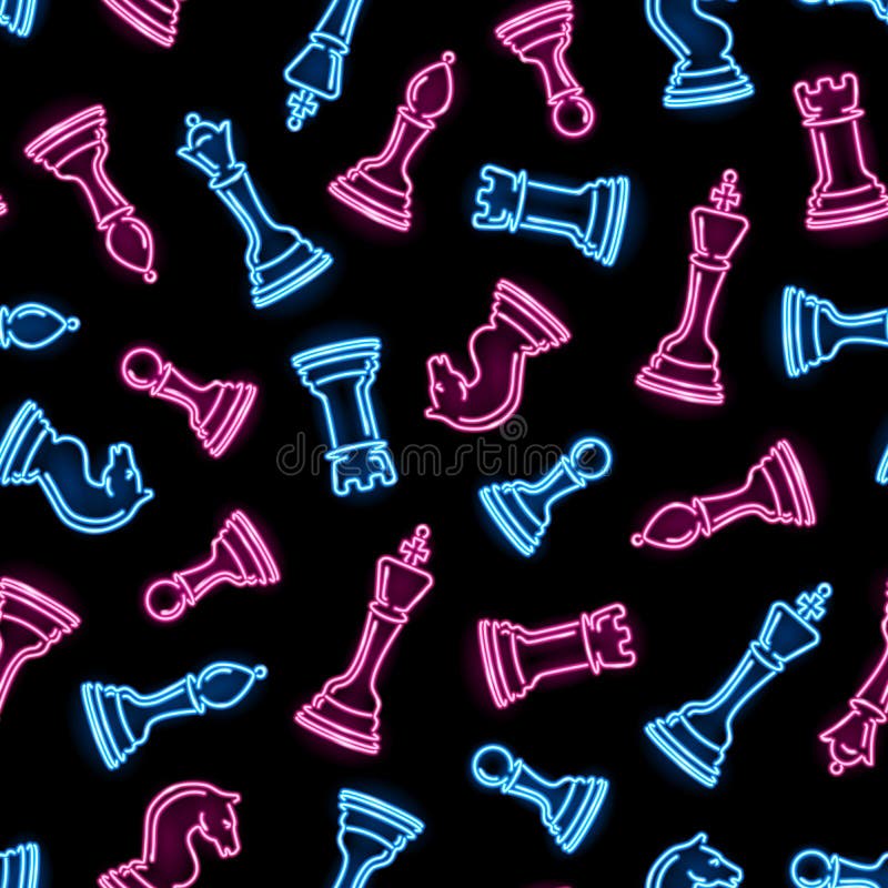 Seamless pattern with neon chess pieces on black background. Chess, strategy, board game concept for wallpaper, wrapping vector illustration