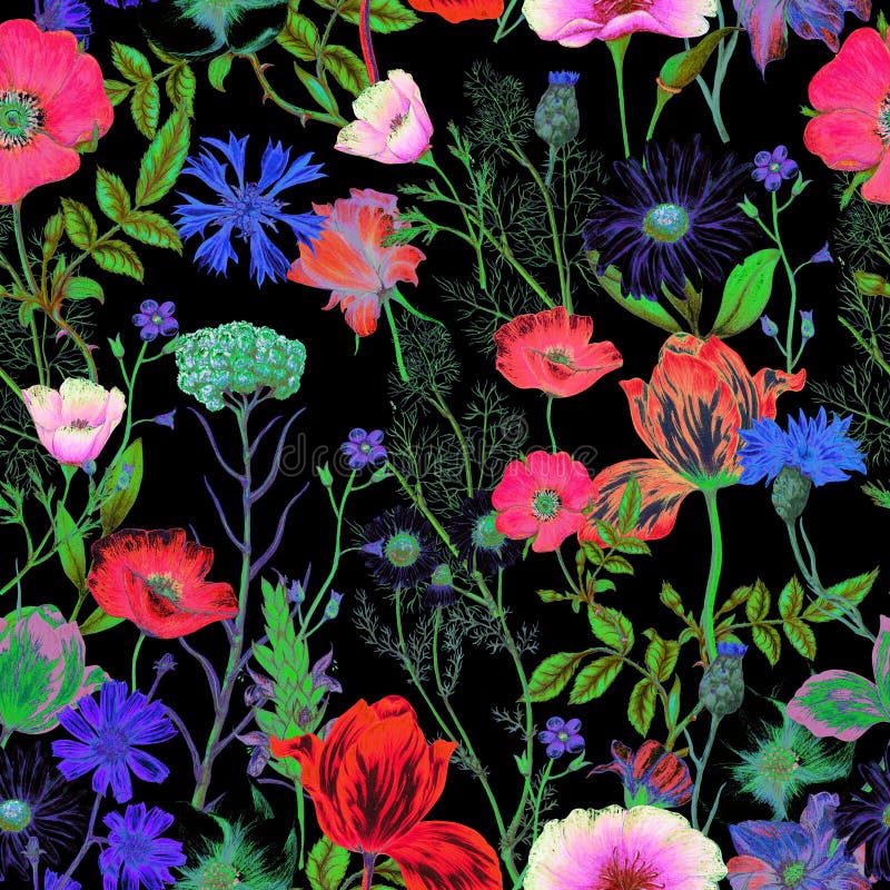 Neon Pattern of Summer Garden Wildflowers Stock Illustration ...