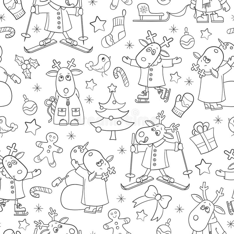 Seamless illustration for the new year and Christmas, funny cartoon moose for winter entertainment, contour animals on a white b vector illustration Seamless illustration for the new year and Christmas, funny cartoon moose for winter entertainment, contour animals on a white b vector illustration