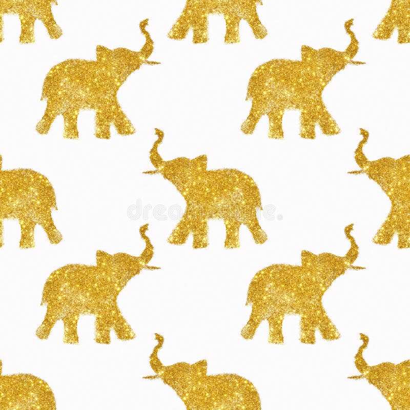 Seamless pattern with nice sunny abstract elephants of glitter. Their trunks raised up - good luck symbol