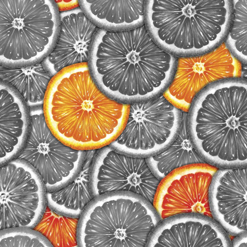Seamless pattern of pieces of oranges in gray with bright elements for design, decor, printing on wallpaper, textiles. Seamless pattern bright oranges stock images, royalty-free photos and pictures