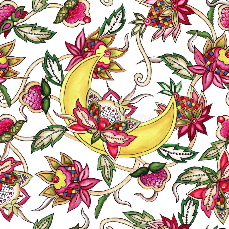 Seamless pattern Ornamental moon with decorative stylized flowers and leaves watercolor vector illustration Seamless pattern Ornamental moon with decorative stylized flowers and leaves watercolor vector illustration