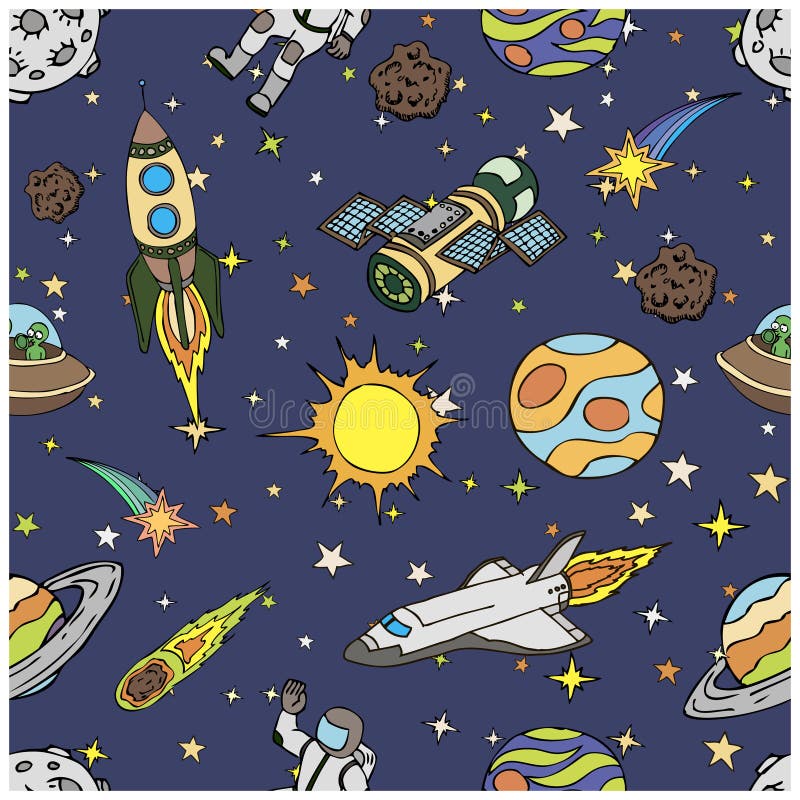 Seamless pattern with outer space doodles, symbols stock illustration