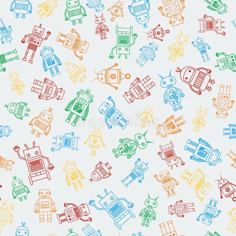 Seamless pattern from outline multicolored robots royalty free illustration