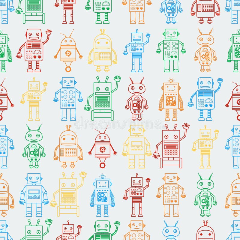 Seamless pattern from outline multicolored robots vector illustration