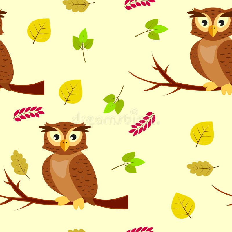 Seamless pattern with owls on a tree branch and autumn leaves royalty free illustration Seamless pattern with owls on a tree branch and autumn leaves royalty free illustration