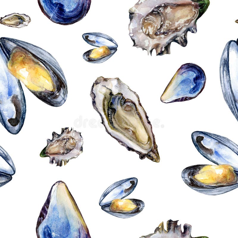 Watercolor Hand Drawn Oyster Isolated Seamless Pattern. Stock