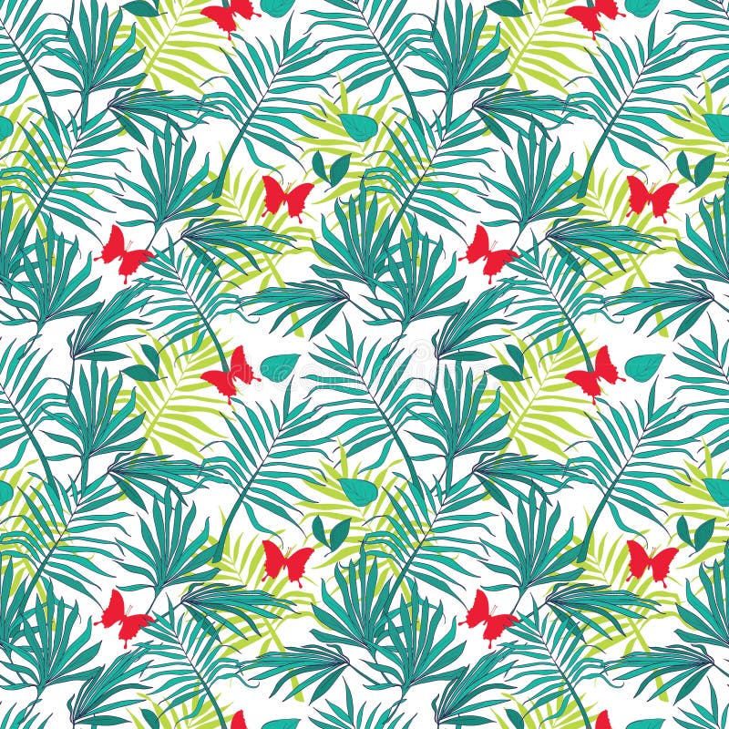 Seamless pattern palm leaves and butterflies